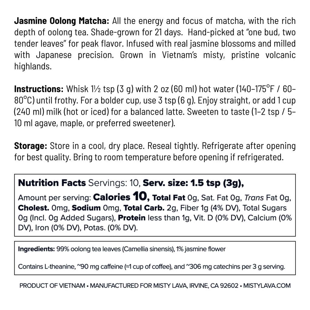 Ceremonial Jasmine Oolong Matcha Powder — Aromatic • Floral • Smooth — 1.06 oz (30 g) Tin