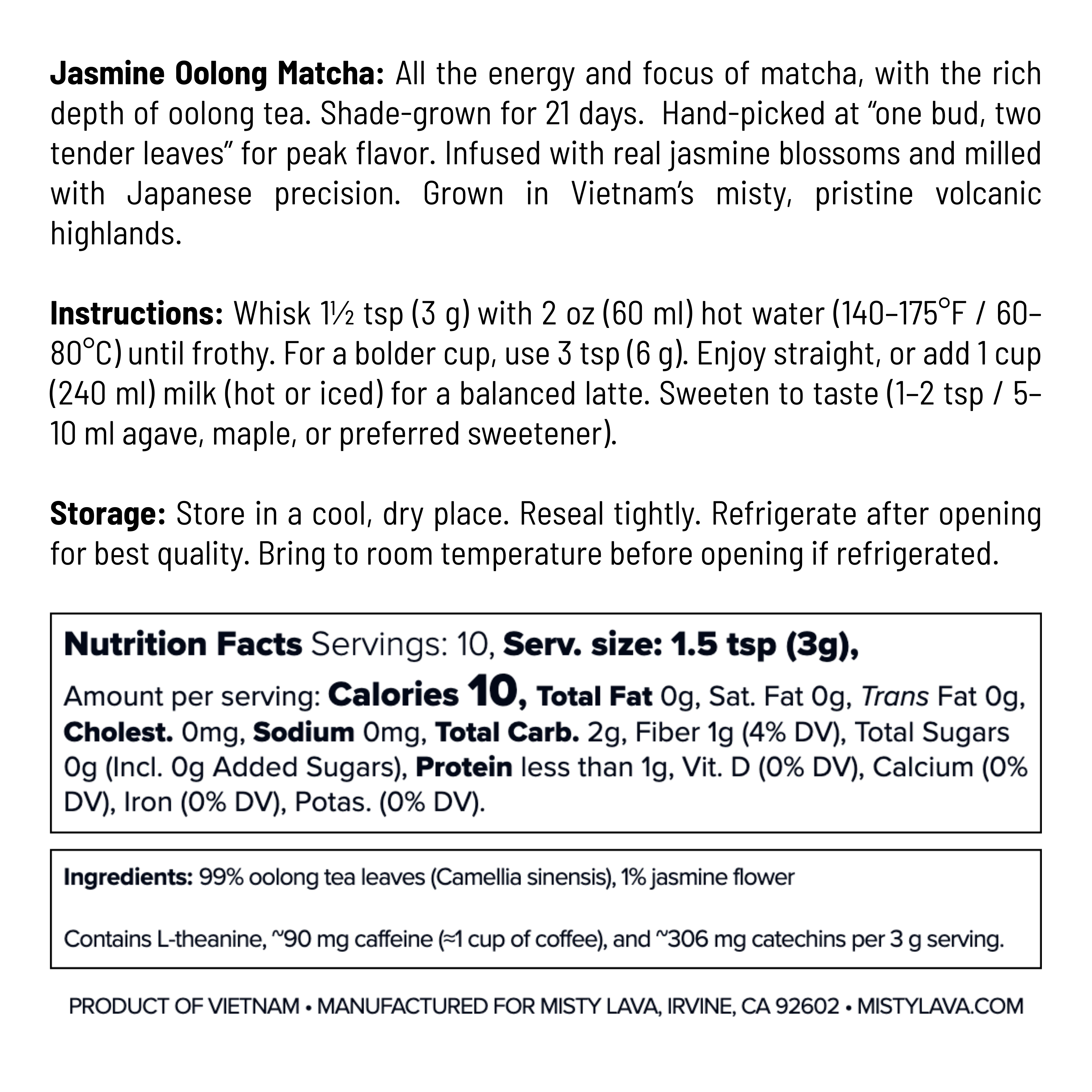 Ceremonial Jasmine Oolong Matcha Powder — Aromatic • Floral • Smooth — 1.06 oz (30 g) Tin