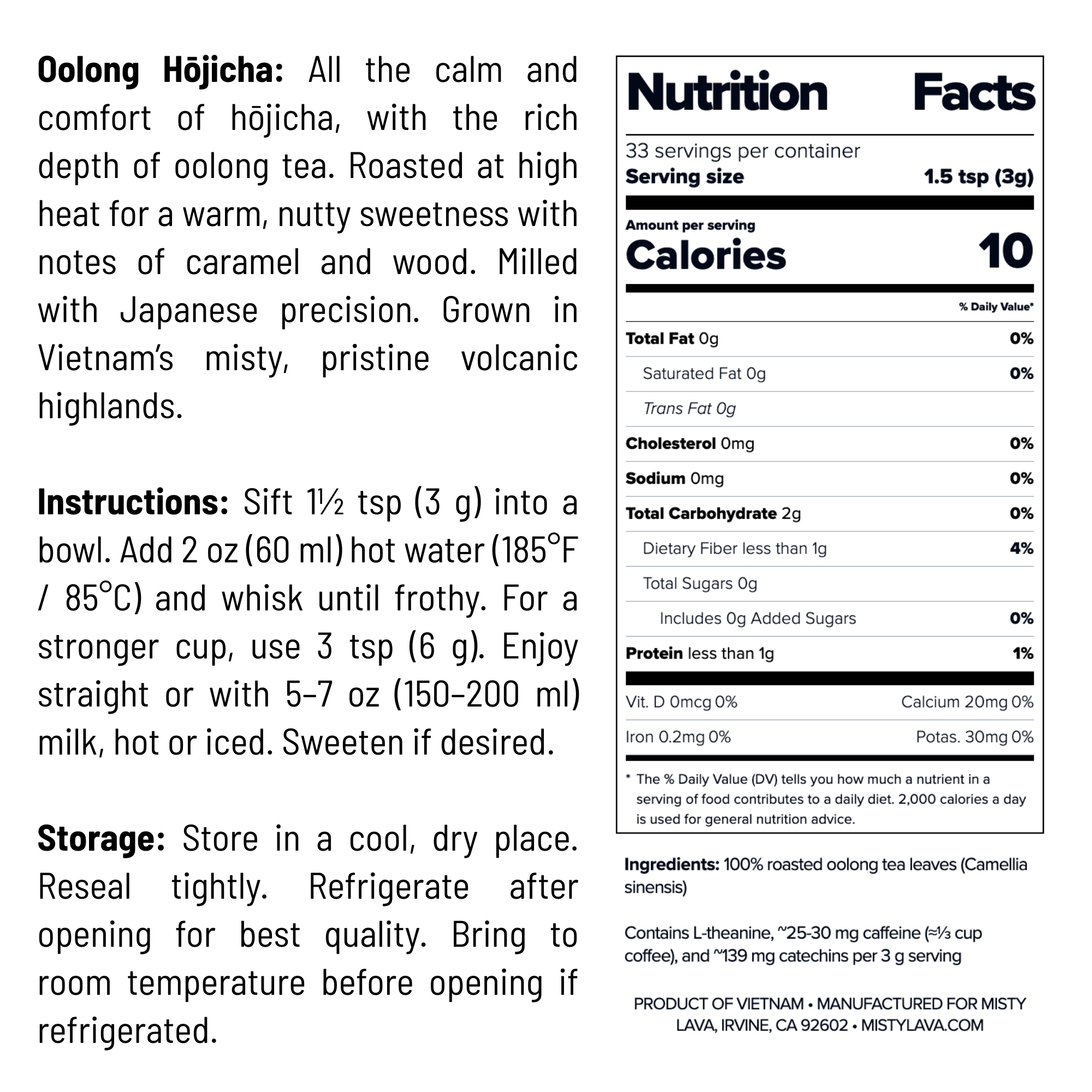 Premium Oolong Hōjicha Powder — Roasted • Toasty • Nutty — 100 g (3.5 oz) Refill Bag