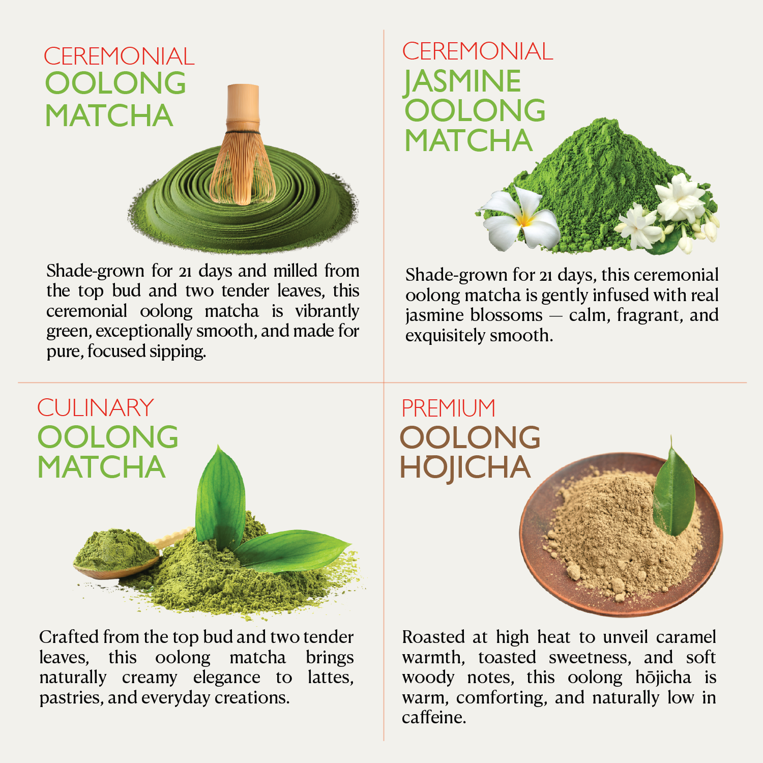 Oolong Matcha Powder Gift Collection — Ceremonial · Jasmine · Culinary · Hōjicha (includes 4 × 30 g tins)